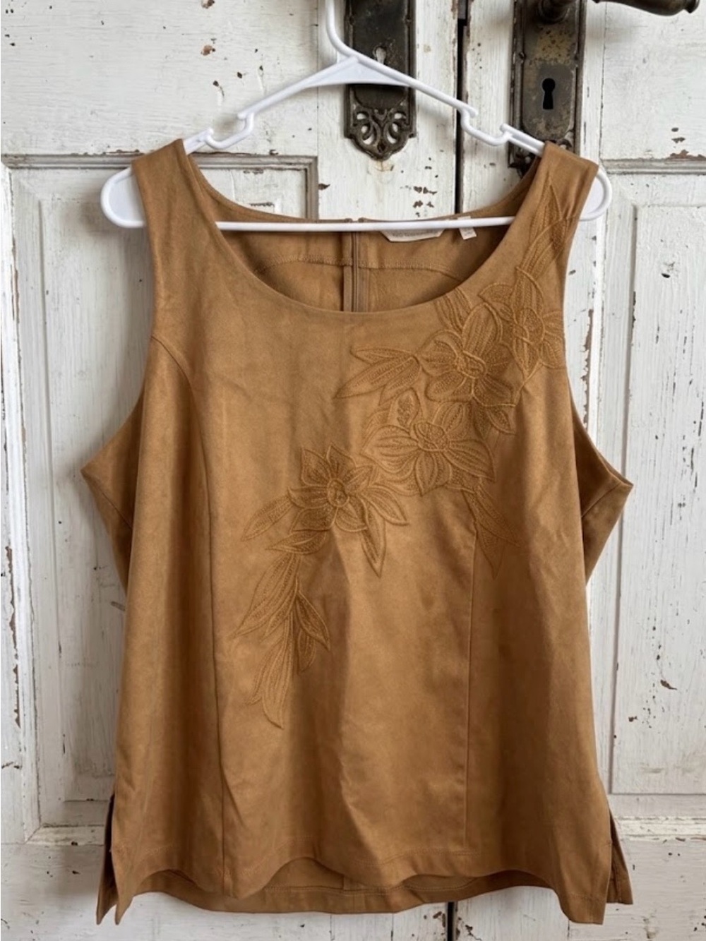 Soft Surroundings Tan Suede Look Embroidered Boho Top Size XL